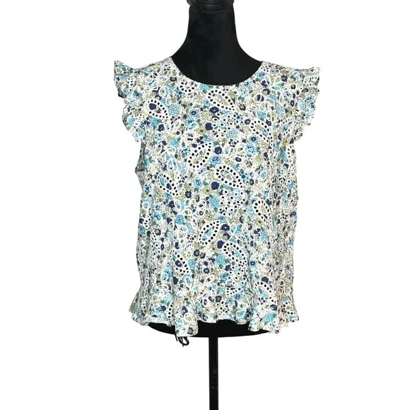 Solitaire Embroidered Eyelet Babydoll Top Peplum Ruffles Blue Green Floral XL - Picture 1 of 10